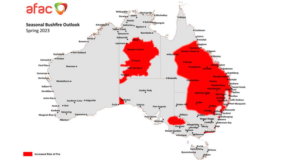 A map showing the spring bushfire outlook for Australia with the danger highlighted in red. 