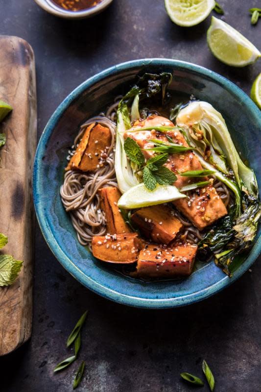 <p>This roasted sweet potato and salmon noodle bowl is the perfect balance of noodles, broth, veggies, and salmon...and it's delicious!</p><p><strong>Get the recipe: <a href="https://www.halfbakedharvest.com/roasted-sweet-potato-and-salmon-soba-noodle-bowl/" rel="nofollow noopener" target="_blank" data-ylk="slk:Roasted Sweet Potato and Salmon Soba Noodle Bowl;elm:context_link;itc:0;sec:content-canvas" class="link rapid-noclick-resp"><em>Roasted Sweet Potato and Salmon Soba Noodle Bowl</em></a></strong></p>