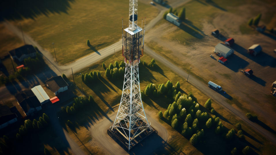 Aerial shot of a communications tower, emphasizing the company's infrastructure networks.