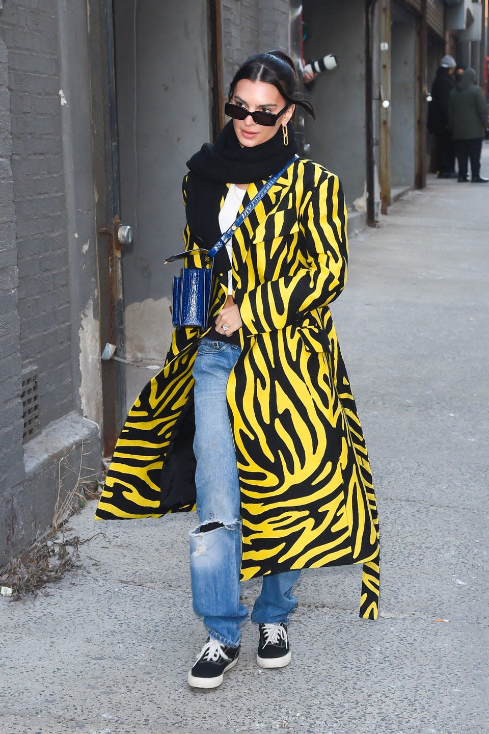 <p>Emily Ratajkowski stepped out during NYFW in a neutral outfit that she offset with a zesty zebra-striped Proenza Schouler coat. </p><p>The shot was taken just before the model walked the runway for Michael Kors' AW22 show wearing a different animal-inspired look - a leopard-print ensemble, polished with a thick belt. </p>