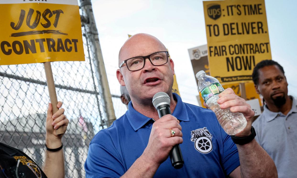 <span>Sean O’Brien at a picket outside a UPS centre in Brooklyn last summer.</span><span>Photograph: Brendan McDermid/Reuters</span>