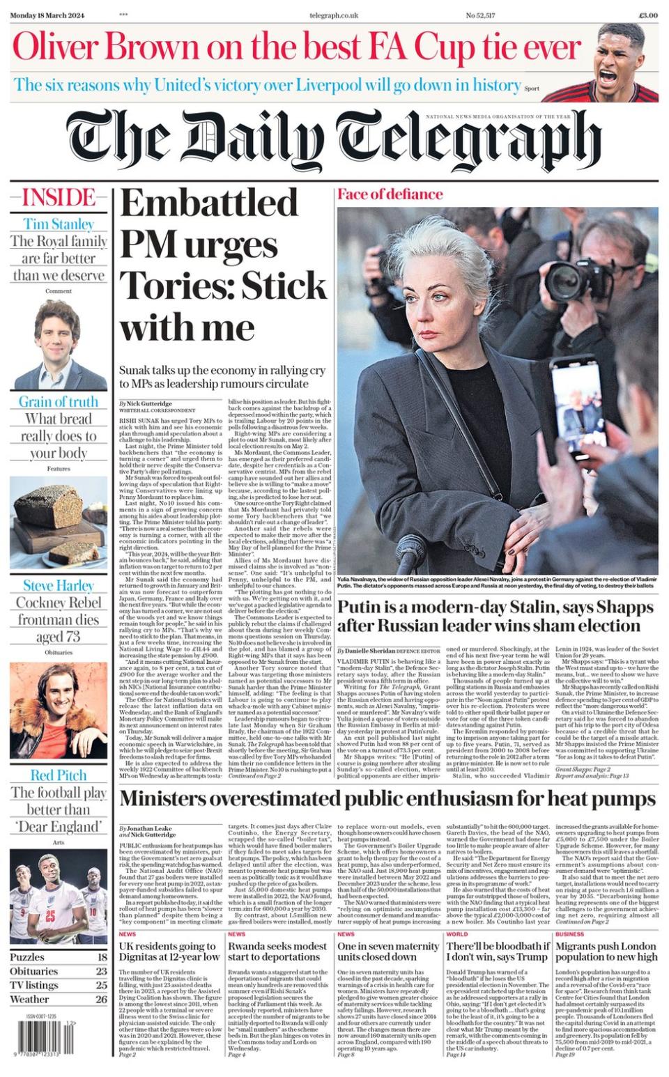 Daily Telegraph: Embattled Prime Minister urges Tories to stand with me