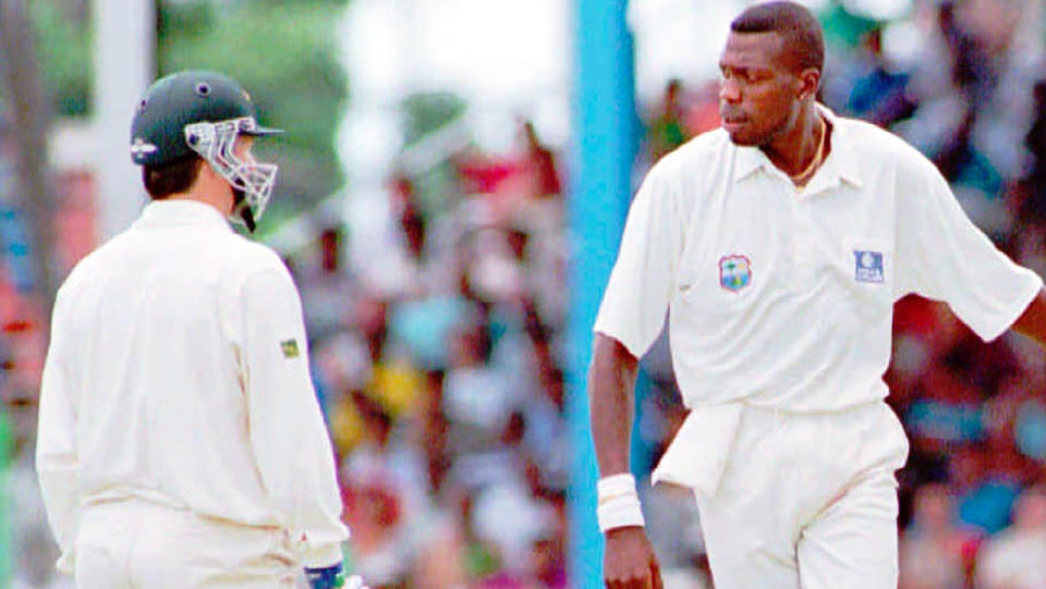 Steve Waugh and Curtly Ambrose, pictured here in ugly scenes in 1995.