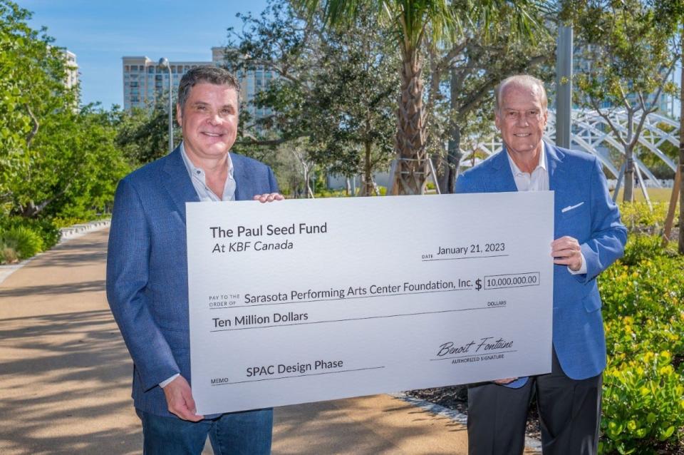 Donor Paul Seed, left, with Jim Travers, chair of the board of the Sarasota Performing Arts Center Foundation.