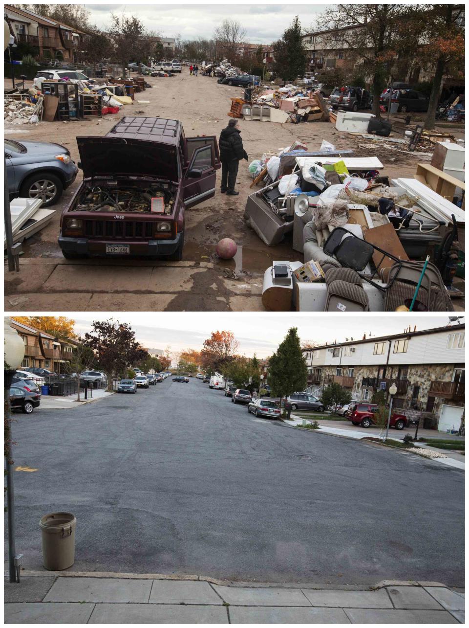 A combination photo shows a man standing next to a damaged vehicle while looking at flood damaged property thrown into the streets and a recent view of the same street in the New Dorp Beach neighborhood of the Staten Island