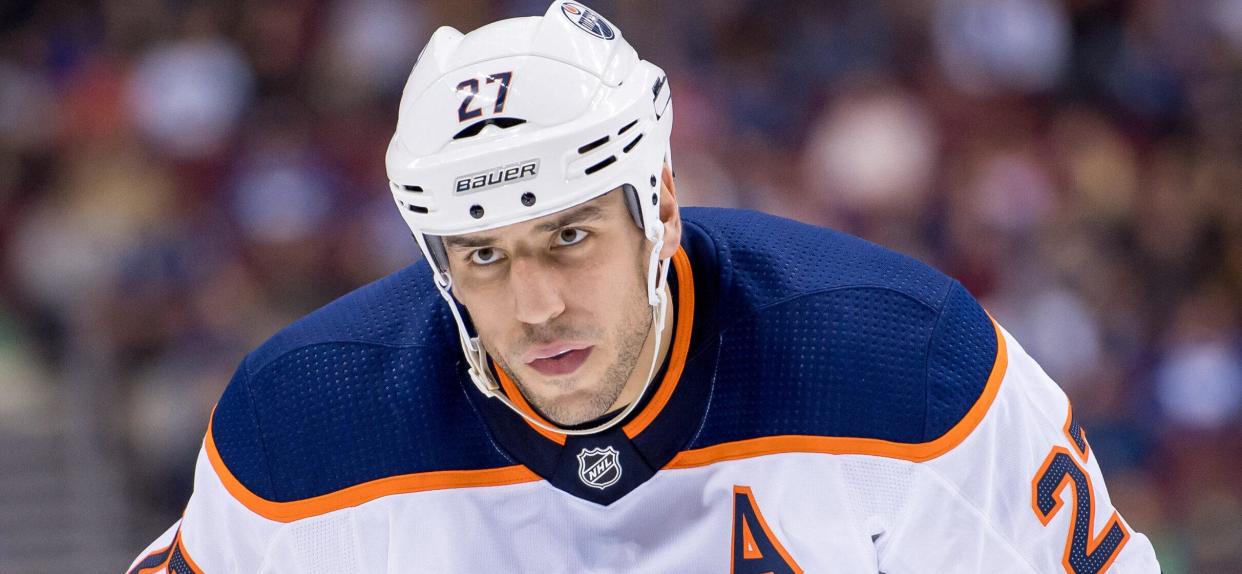 Milan Lucic waits for the face-off during NHL game between the Edmonton Oilers and the Vancouver Canucks at Rogers Arena in Vancouver, Canada.