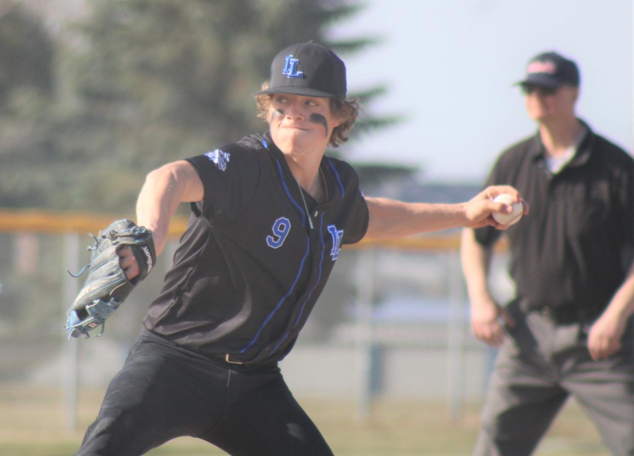 Inland Lakes junior Connor Wallace throws a pitch during game one of a baseball doubleheader at Onaway on Tuesday.