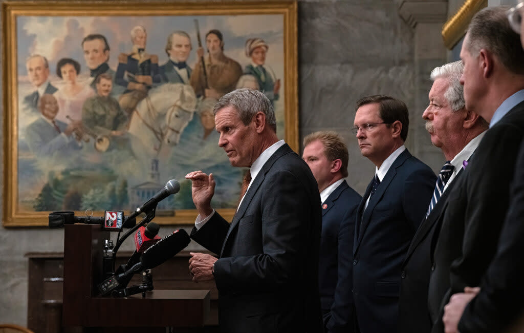 Gov. Bill Lee is pictured here with Republican legislative leaders but continues to strike out on big legislative initiatives. (Photo: John Partipilo)