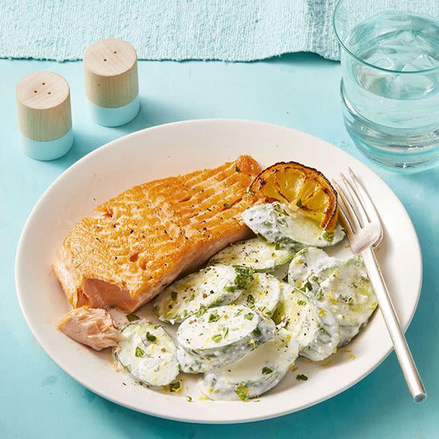 <p>Heart-healthy salmon gets a Mediterranean-inspired makeover in this good-for-you dinner recipe. Toss cucumber slices in a creamy puree made with plain Greek yogurt, feta, and lemon juice as a satisfying side dish. </p><p><em><a href="https://www.womansday.com/food-recipes/food-drinks/a27285989/salmon-with-creamy-feta-cucumbers-recipe/" rel="nofollow noopener" target="_blank" data-ylk="slk:Get the Salmon with Creamy Feta Cucumbers recipe.;elm:context_link;itc:0;sec:content-canvas" class="link ">Get the Salmon with Creamy Feta Cucumbers recipe.</a></em></p>