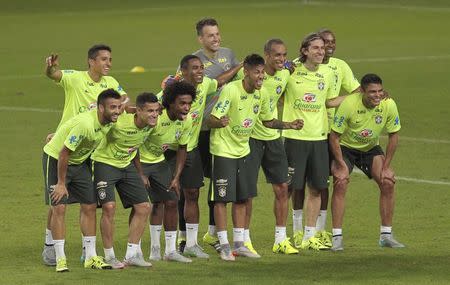 Brazil's national soccer team players pose for a photograph during their training session in Porto Alegre, Brazil, June 9, 2015. REUTERS/Edison Vara