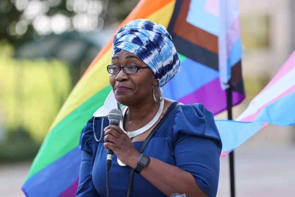 Rev. Corine Mack, president of the Charlotte branch of the NAACP, speaks at a rally demanding passage of local non-discrimination ordinance at the Charlotte-Mecklenburg Government Center in Charlotte, N.C., Monday, May 24, 2021.