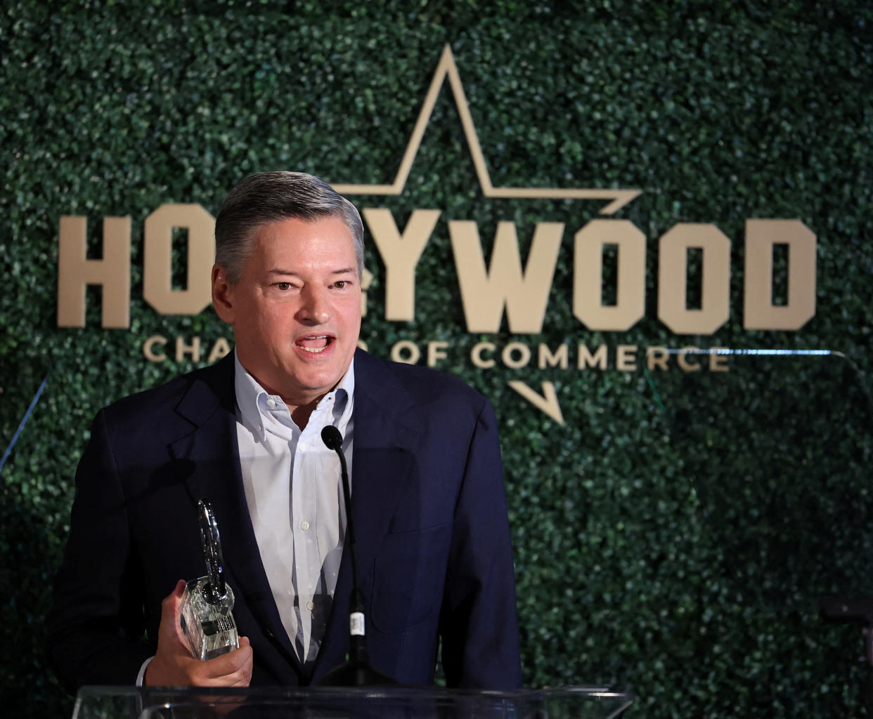 Netflix Co-CEO Ted Sarandos accepts the 2022 Economic Development Visionary Award during the Hollywood Chamber of Commerce 2022 Economic Development Summit in Los Angeles, California, U.S., August 25, 2022. REUTERS/Mario Anzuoni