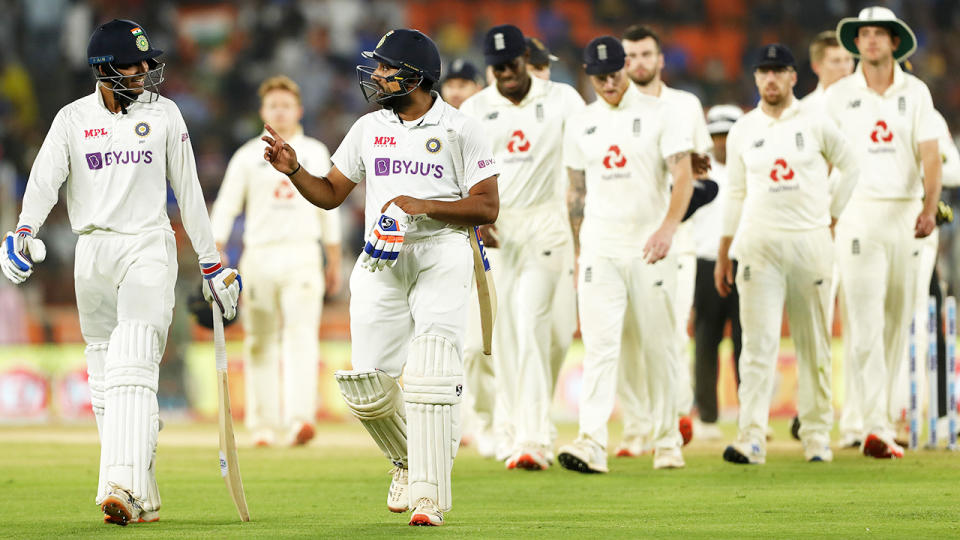 Players, pictured here leaving the field after the third Test between India and England.