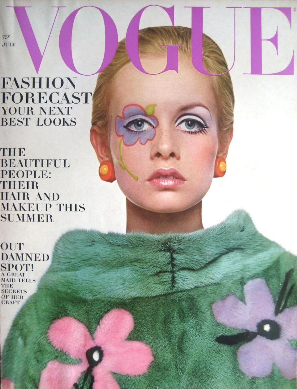 Vogue makes Twiggy the the face of 1960s flower power as their June 1967 cover girl.