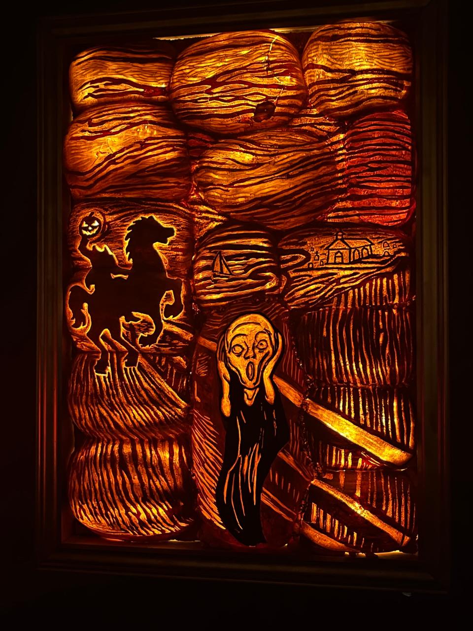 A detailed version of "The Scream" on a pumpkin canvas at the Great Jack-O-Lantern Blaze in Croton-on-Hudson on Sept. 13, 2023.