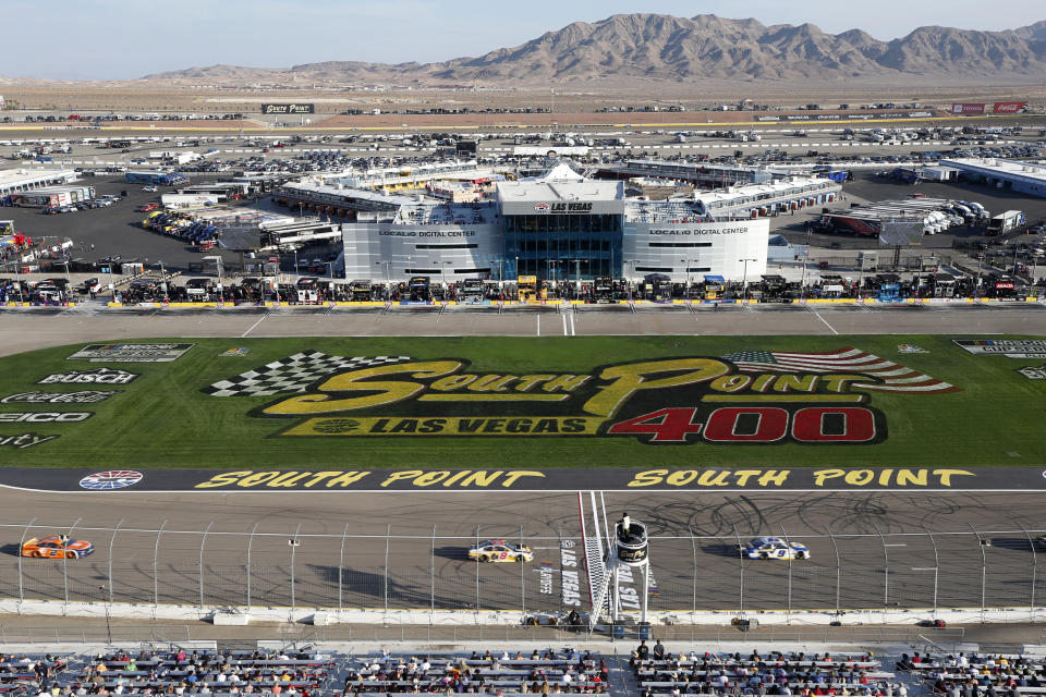 Drivers compete at Las Vegas Motor Speedway during a NASCAR Cup Series auto race Sunday, Sept. 26, 2021, in Las Vegas. (AP Photo/Steve Marcus)