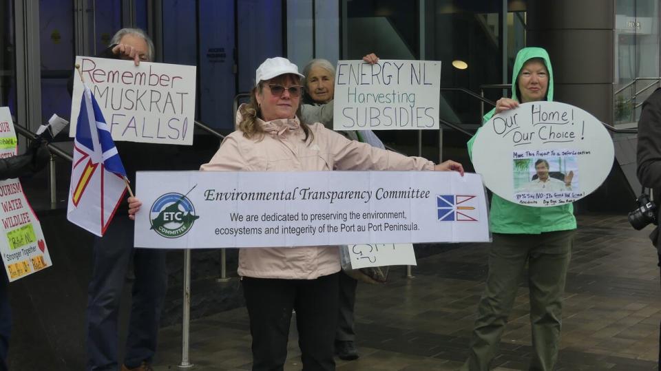 A group of protesters gathered outside the St. John's Convention Centre on Tuesday morning, rallying against planned wind-to-hydrogen projects, in particular on Newfoundland's west coast.