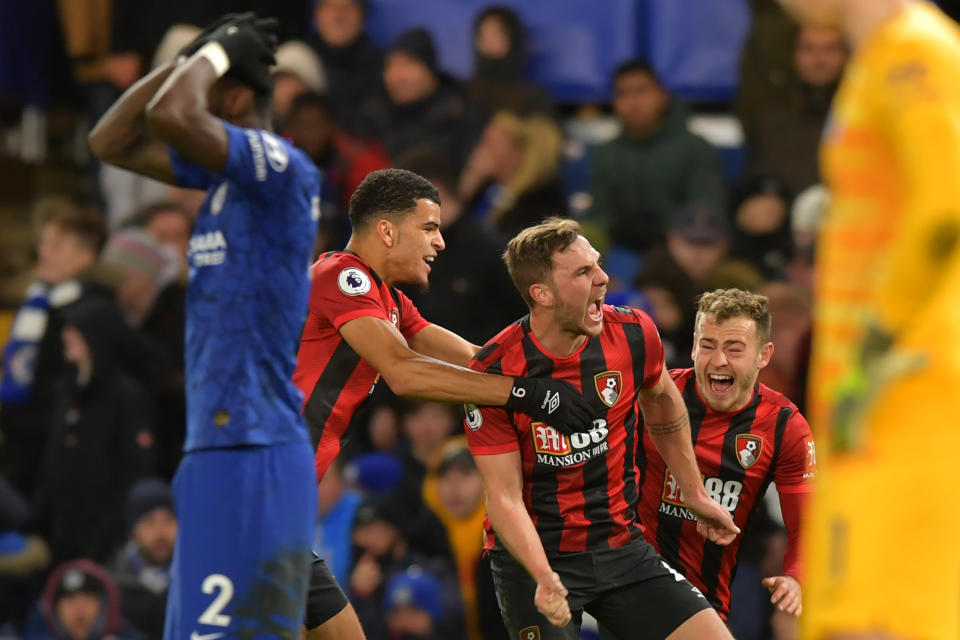 A late goal by Dan Gosling (center) gave Bournemouth a big win over Chelsea. (Olly Greenwood/Getty)