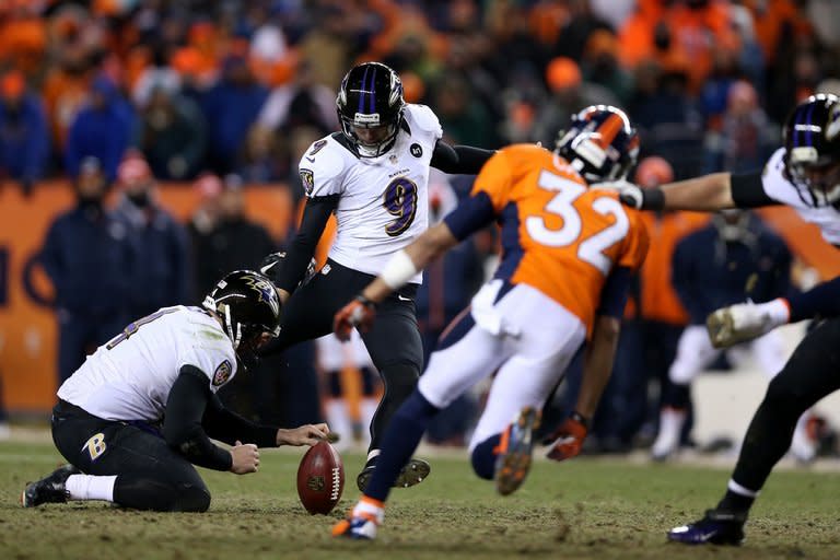 Justin Tucker of the Baltimore Ravens kicks a 47-yard game-winning field goal in the second overtime to defeat the Denver Broncos 38-35 on January 12, 2013. The Ravens advanced to the American Conference championship game, where they'll face either New England or Houston for a berth in the Super Bowl