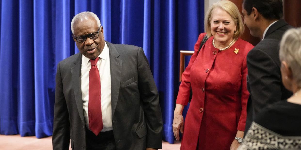 washington, dc october 21 l r associate supreme court justice clarence thomas and his wife and conservative activist virginia thomas arrive at the heritage foundation on october 21, 2021 in washington, dc clarence thomas has now served on the supreme court for 30 years he was nominated by former president george h w bush in 1991 and is the second african american to serve on the high court, following justice thurgood marshall photo by drew angerergetty images