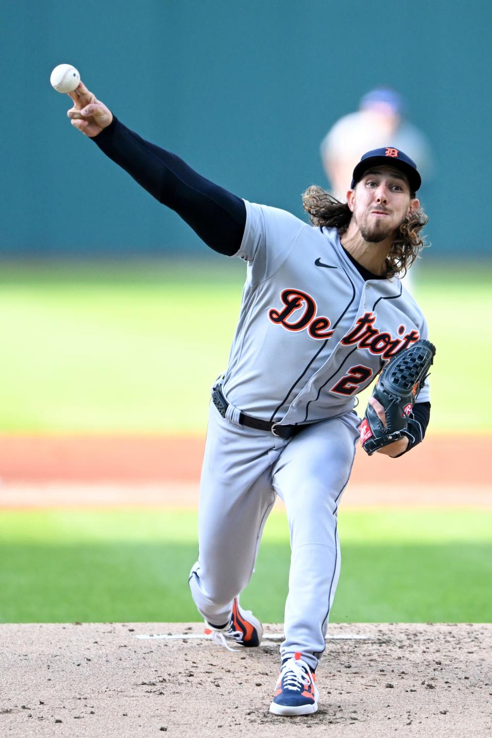 Detroit Tigers starting pitcher Michael Lorenzen delivers during the first inning of a game against the Cleveland Guardians at Progressive Field in Cleveland on Tuesday, May 9, 2023.