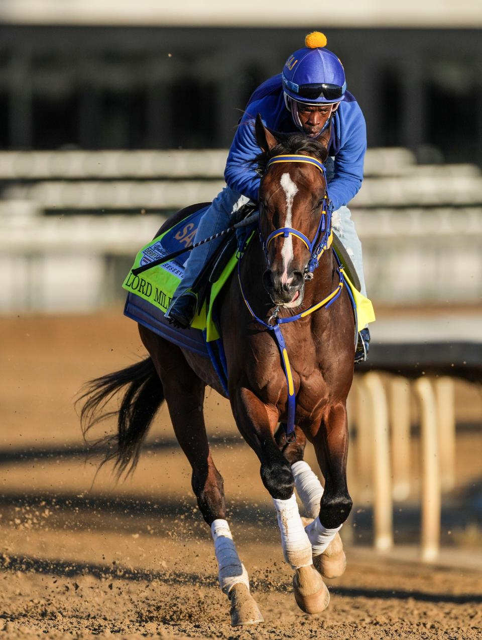 Kentucky Derby contender Lord Miles trains Wednesday morning at Churchill Downs May 3, 2023, in Louisville, Ky. Trainer is Saffie  Joseph, Jr