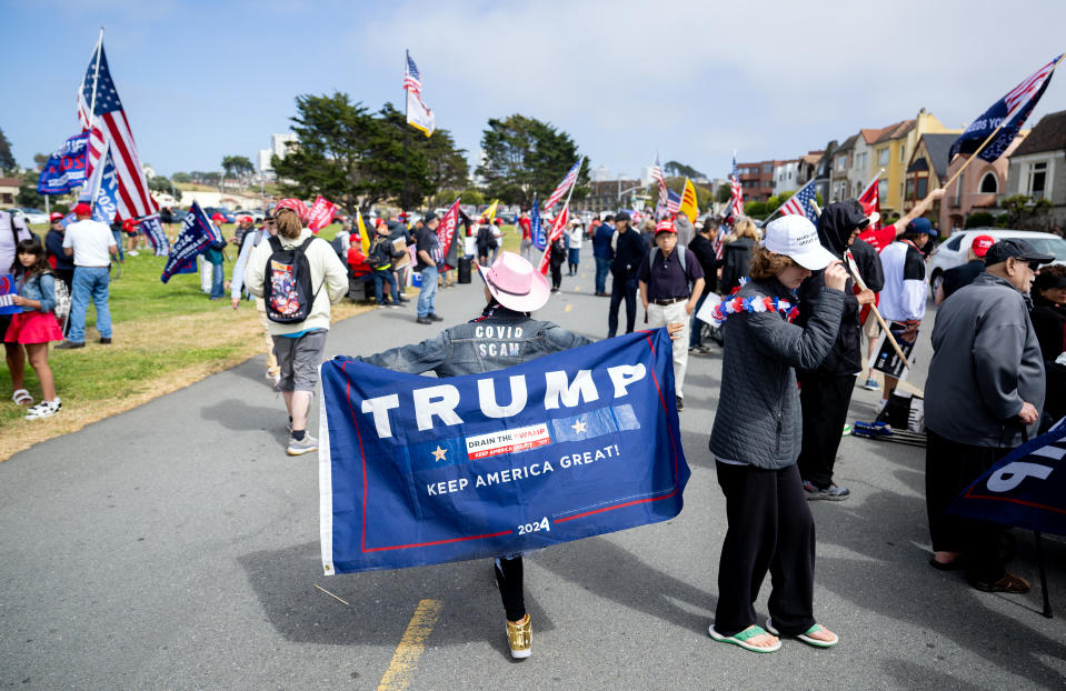 Supporters rally in anticipation of former President Donald Trump's arrival to a fundraising event in San Francisco on June 6, 2024. (Photo by JOSH EDELSON / AFP) (Photo by JOSH EDELSON/AFP via Getty Images)