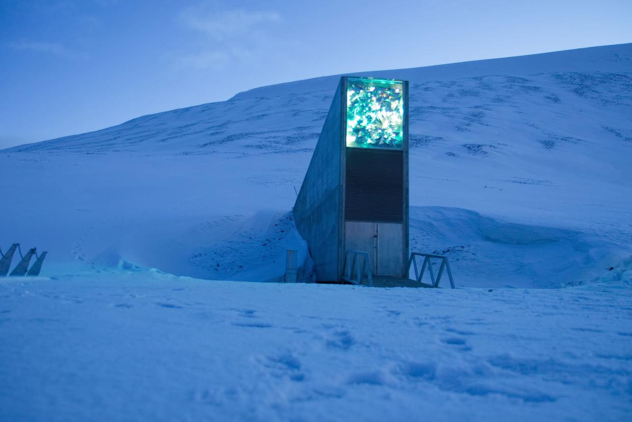 seed vault in the evening winter glow with snow