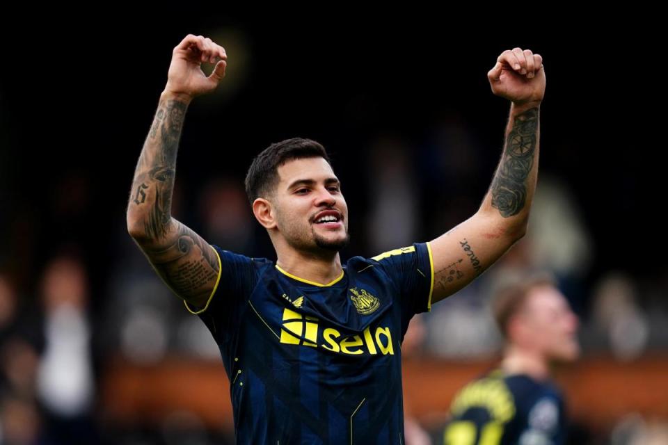 Bruno Guimaraes celebrates after Newcastle's win at Fulham <i>(Image: PA)</i>