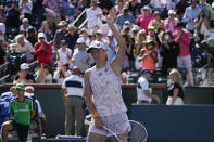 Iga Swiatek, of Poland, celebrates after defeating Sorana Cirstea, of Romania, at the BNP Paribas Open tennis tournament Thursday, March 16, 2023, in Indian Wells, Calif. (AP Photo/Mark J. Terrill)