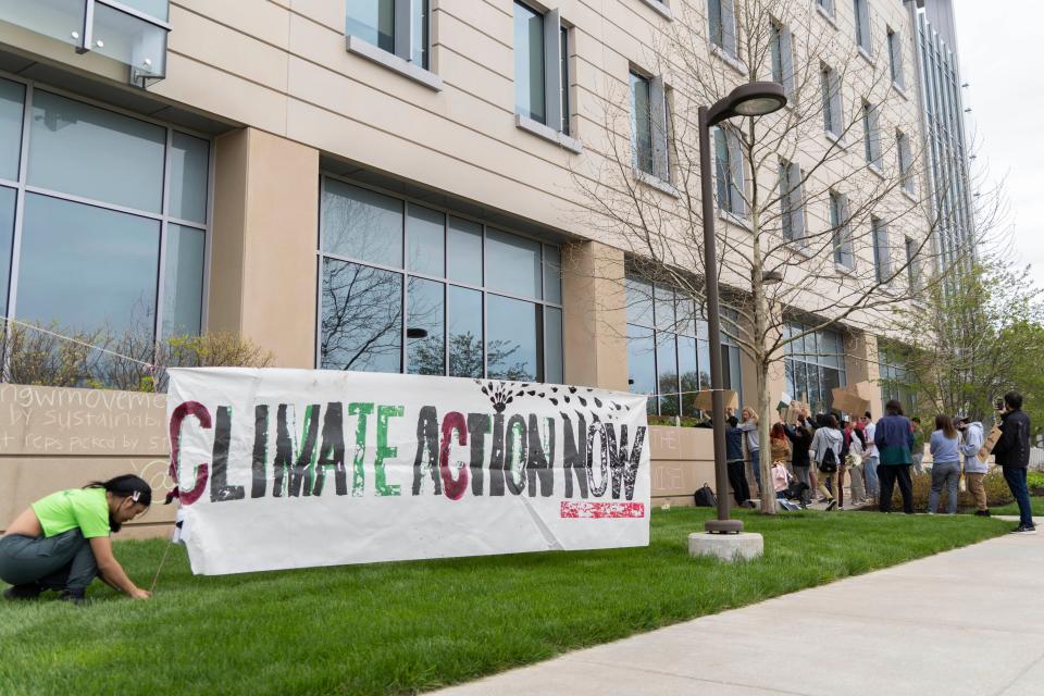 More than a dozen students from Indiana University's Bloomington campus drove up to IUPUI on Friday, April 29, 2022, to demonstrate during IU's first Climate Action Planning Committee. The university worked through its committee process and in September of 2023 released its Climate Action Plan