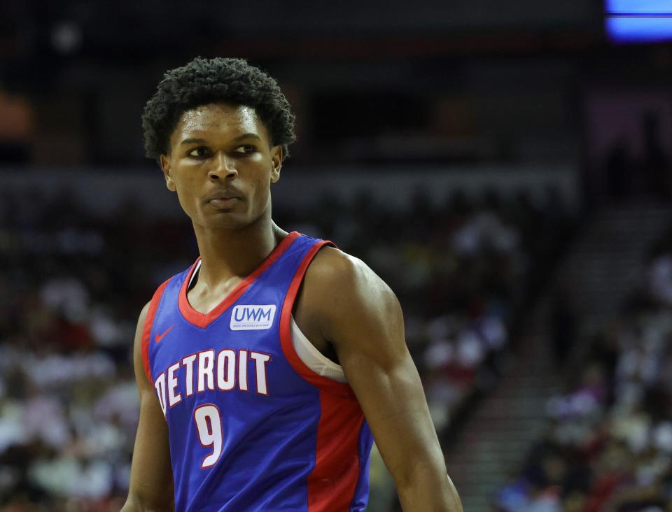 Pistons forward Ausar Thompson walks on the court during a break in the first half of the 113-101 loss to the Rockets in the NBA Summer League on Sunday, July 9, 2023, in Las Vegas.