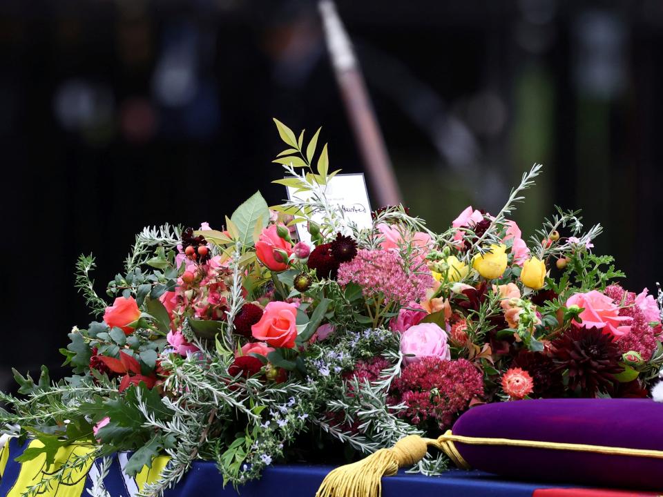 The coffin of Britain’s Queen Elizabeth is carried into the Westminster Abbey in London Monday, Sept. 19, 2022.