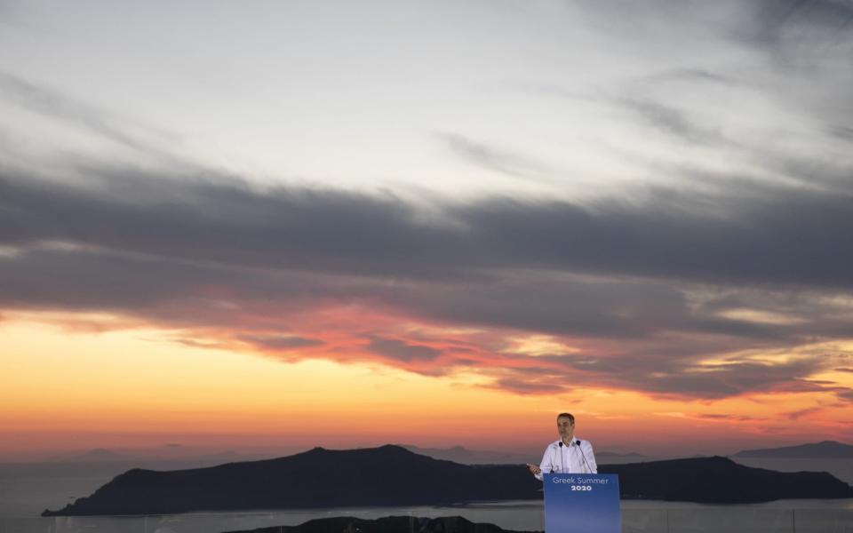 Kyriakos Mitsotakis, Greece's prime minister,  during a news conference on the island of Santorini last June  - Bloomberg