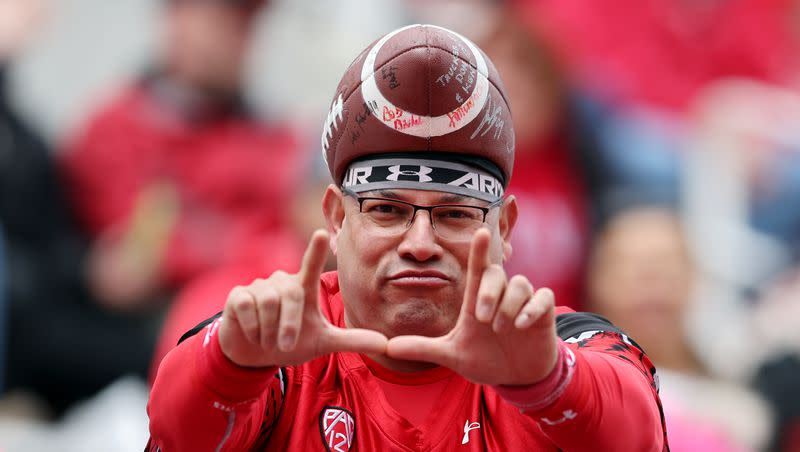 A fan holds up his “U” as the Utah football team plays in the 22 Forever Game at Rice-Eccles Stadium in Salt Lake City on Saturday, April 22, 2023. The Utes travel to Seattle to face the No. 5-ranked Washington Huskies Saturday afternoon.