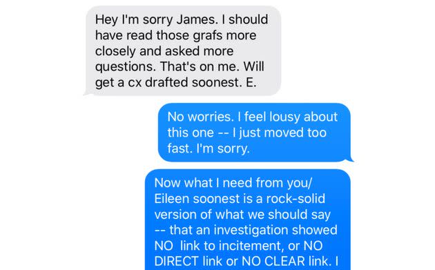 A text message exchange between James Bennet and Elizabeth Williamson. (Photo: Palin v. New York Times)