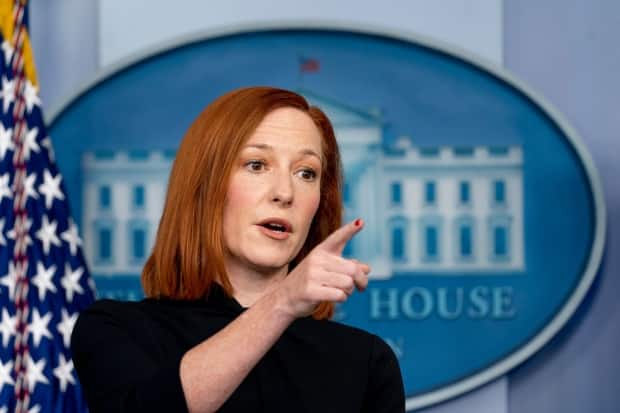 White House press secretary Jen Psaki takes a question from a reporter during a press briefing at the White House, Monday, March 1, 2021, in Washington.