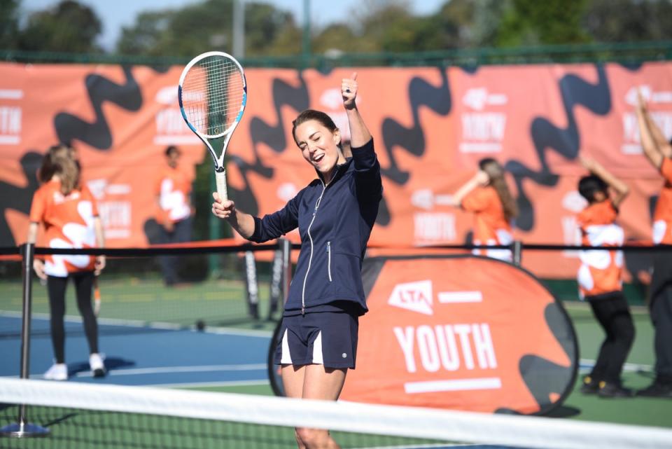 The Duchess of Cambridge reacts as she plays with British US Open champion Emma Raducanu during an event hosted by the LTA Youth programme (Jeremy Selwyn/Evening Standard/PA) (PA Archive)