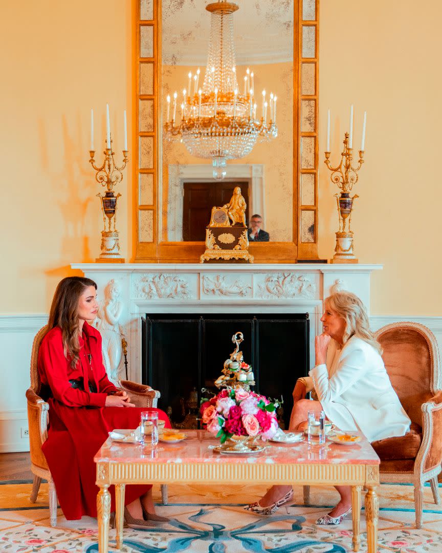 Queen Rania of Jordan meets First Lady of the United States Jill Biden at the White House in Washinton DC, on July 19, 2021, during a working visit. - Credit: AP