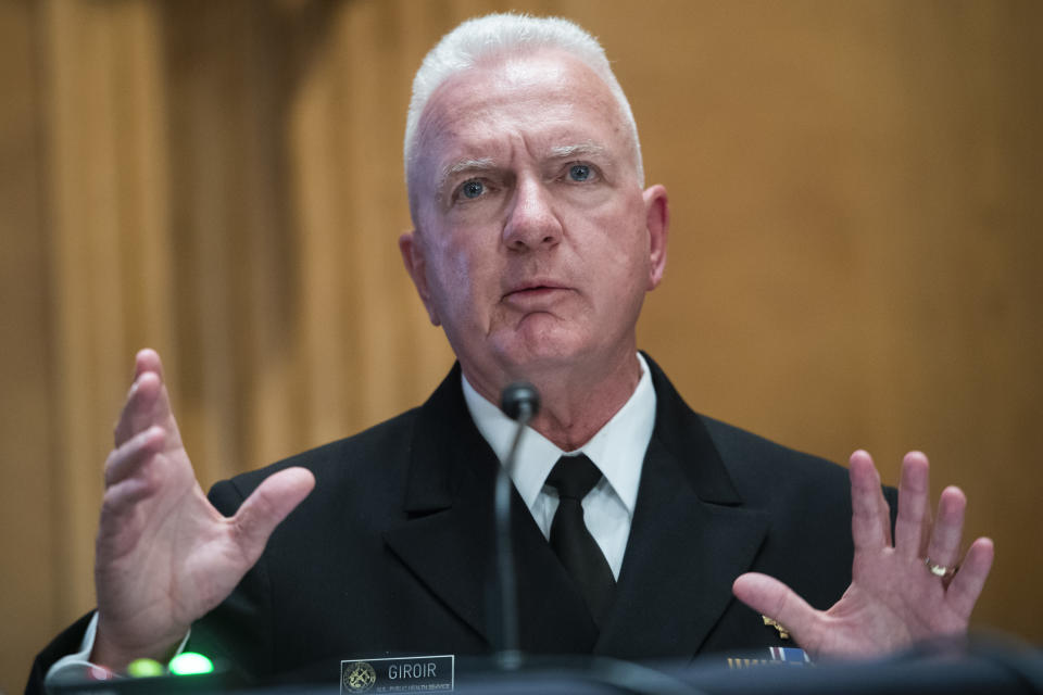 Admiral Brett P. Giroir, M.D., assistant secretary for health at the Department of Health and Human Services, testifies during the Senate Homeland Security and  Governmental Affairs Committee hearing titled Evaluating the Federal Governments Procurement and Distribution Strategies in Response to the COVID-19 Pandemic, in Dirksen Building on Tuesday, June 9, 2020. (Tom Williams/CQ-Roll Call, Inc via Getty Images)