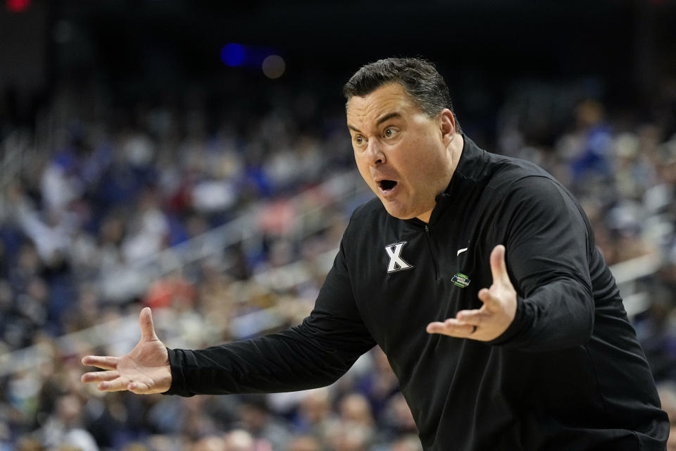 Xavier head coach Sean Miller reacts during the first half of a second-round college basketball game against Pittsburgh in the NCAA Tournament on Sunday, March 19, 2023, in Greensboro, N.C. (AP Photo/Chris Carlson)