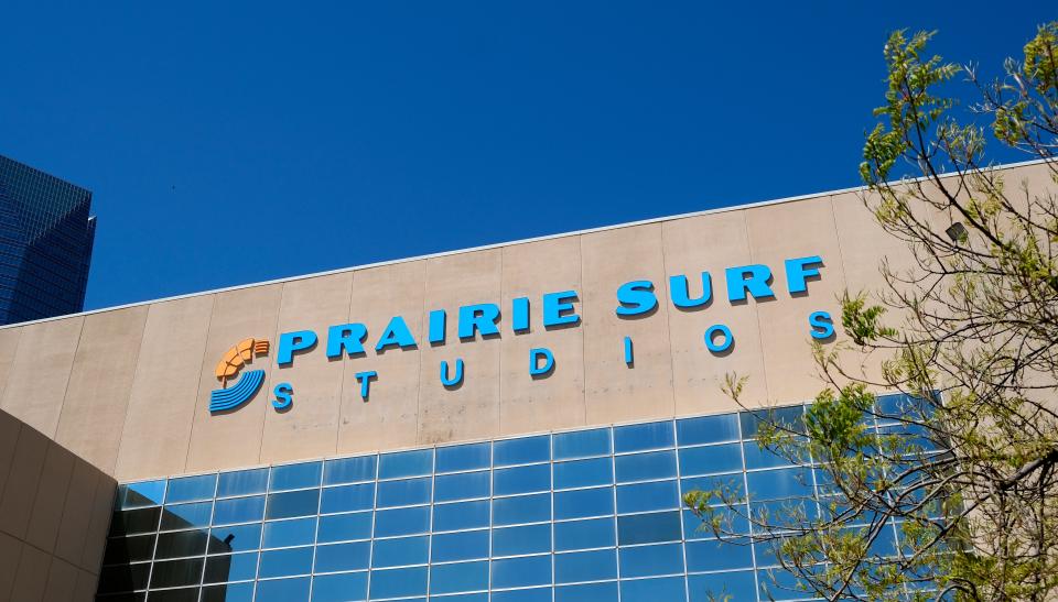 Prairie Surf Media new signage on the former convention center, Thursday, April 8, 2021.