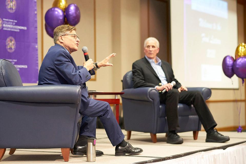 Michael Roizen and Peter Linneman discussed subjects related to Roizen’s forthcoming book, “The Great Age Reboot: Cracking the Longevity Code for a Younger Tomorrow,” for Ford Lecture at the John C. Myers Convocation Center on March 31.