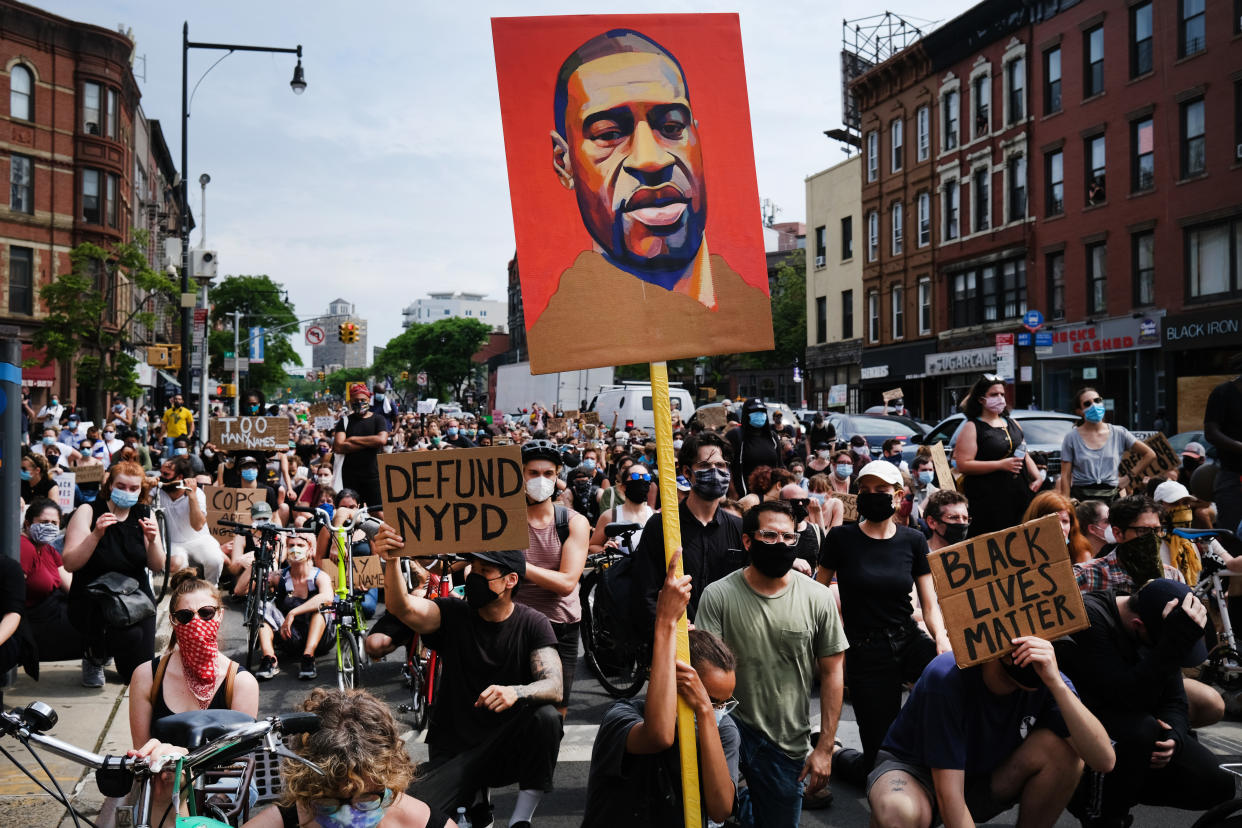 Protesters march in downtown Brooklyn over the killing of George Floyd by a Minneapolis Police officer on June 05, 2020 in New York City. (Spencer Platt/Getty Images)
