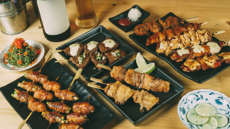 Yakitori served with beer in an izakaya