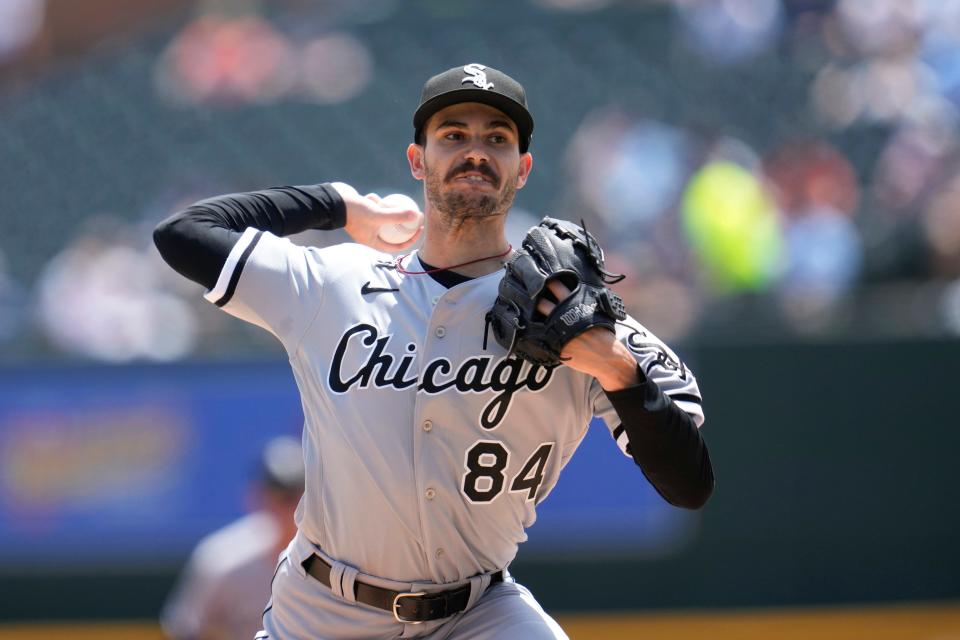 Chicago White Sox pitcher Dylan Cease throws against the Detroit Tigers in the first inning at Comerica Park in Detroit on Sunday, May 28, 2023.