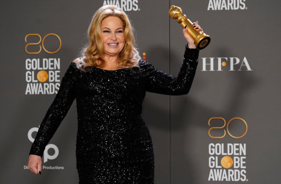 Norwell native Jennifer Coolidge poses in the press room with the award for best performance by an actress in a supporting role in a limited series, anthology series or motion picture made for television for "The White Lotus at the 80th annual Golden Globe Awards at the Beverly Hilton Hotel on Tuesday, Jan. 10, 2023, in Beverly Hills, Calif. (Photo by Chris Pizzello/Invision/AP)