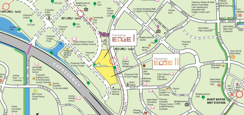 Location of the Plantation Edge I and II Tengah HDB BTO Oct 2023 flats, located at the edge of the Tengah Plantation district. Source: <a href="https://homes.hdb.gov.sg/home/bto/details/2023-10_BTO_VEdfRDFDNUEtQzVCXzE2OTU4OTA2MjQ0ODk" rel="nofollow noopener" target="_blank" data-ylk="slk:HDB;elm:context_link;itc:0;sec:content-canvas" class="link ">HDB</a>