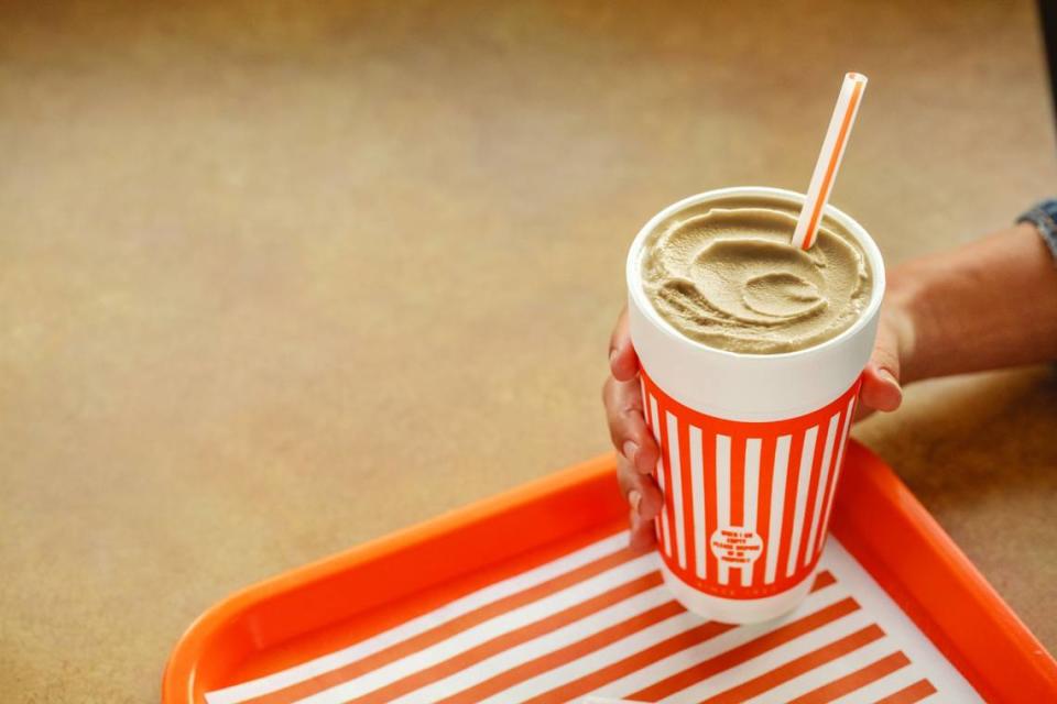 Whataburger’s popular Dr. Pepper Shake is made with a vanilla shake base and Dr. Pepper syrup.