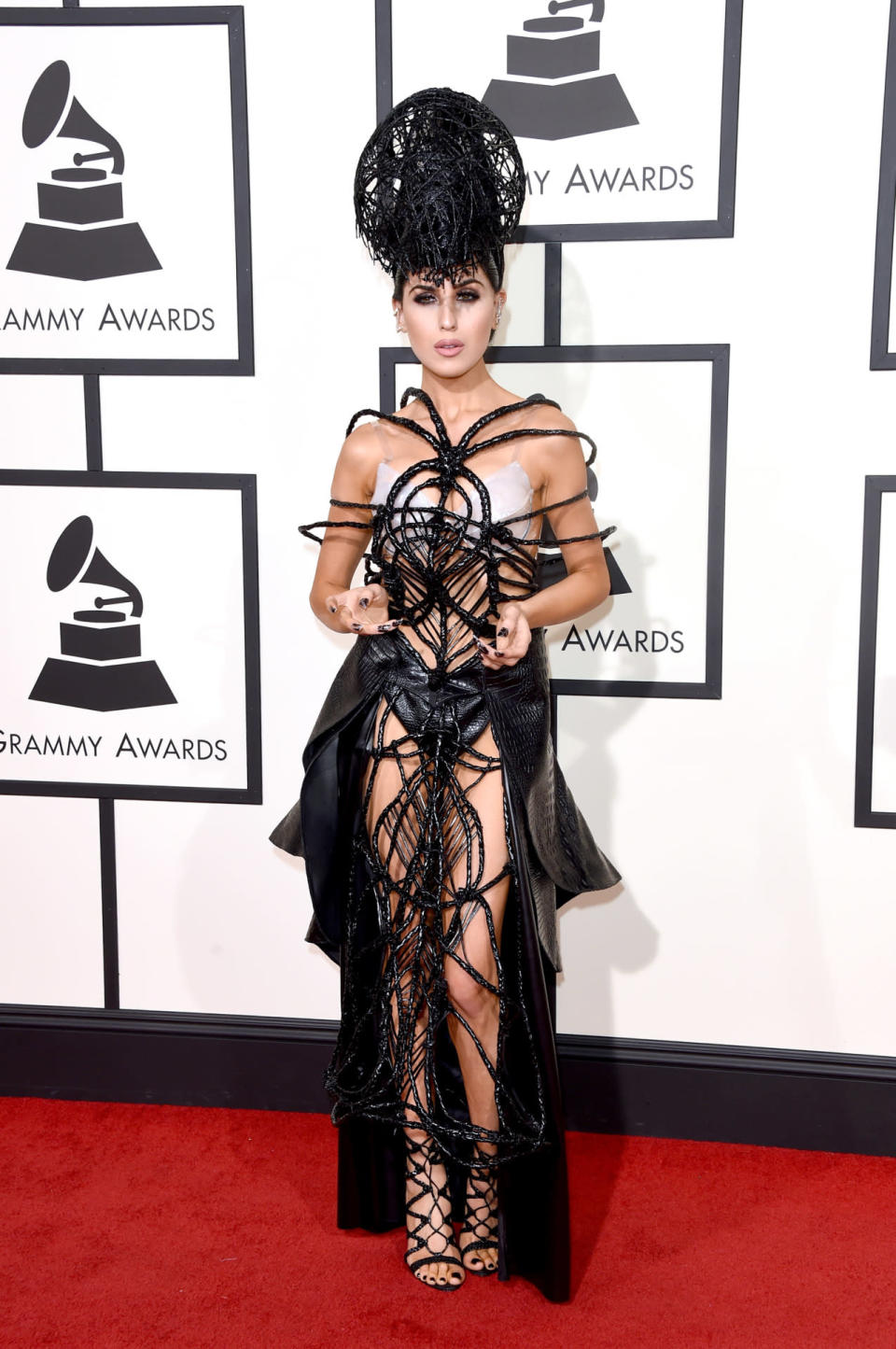 Outrageous: Z LaLa wearing a fascinator with a cage dress at the 58th Grammy Awards at Staples Center in Los Angeles, California, on February 15, 2016.  